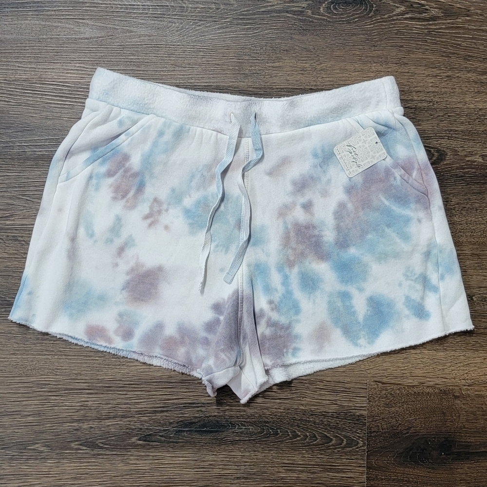 NWT Free People Kelly Washed Tie-Dye Cutoff Fleece Lined Shorts In Ocean